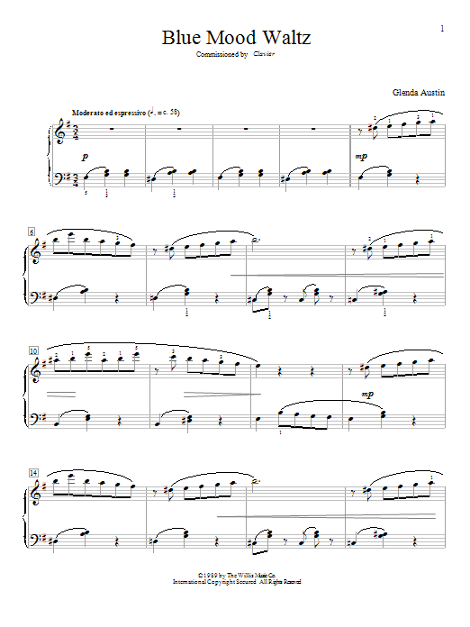 Glenda Austin Blue Mood Waltz sheet music notes and chords arranged for Educational Piano