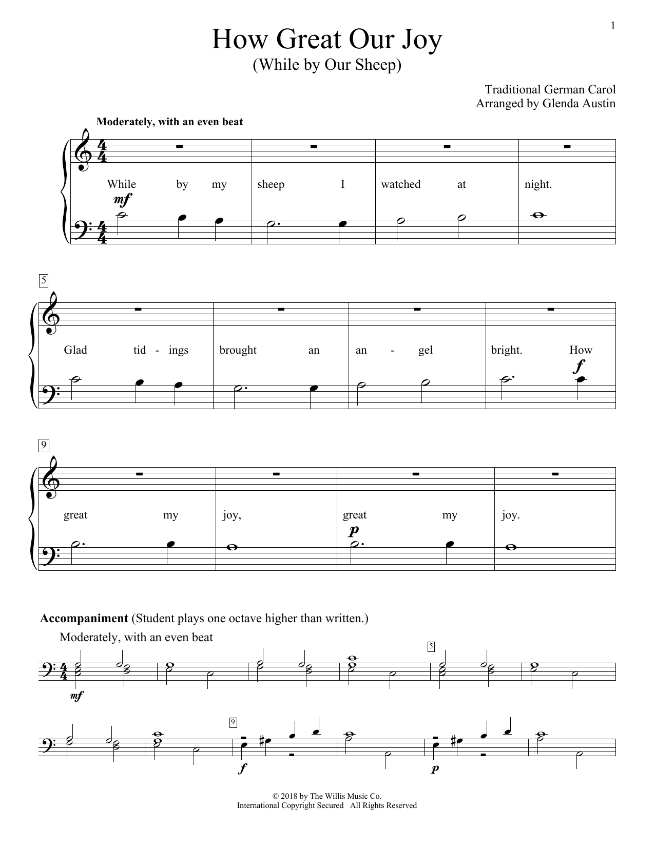 Glenda Austin How Great Our Joy (While By Our Sheep) sheet music notes and chords arranged for Educational Piano
