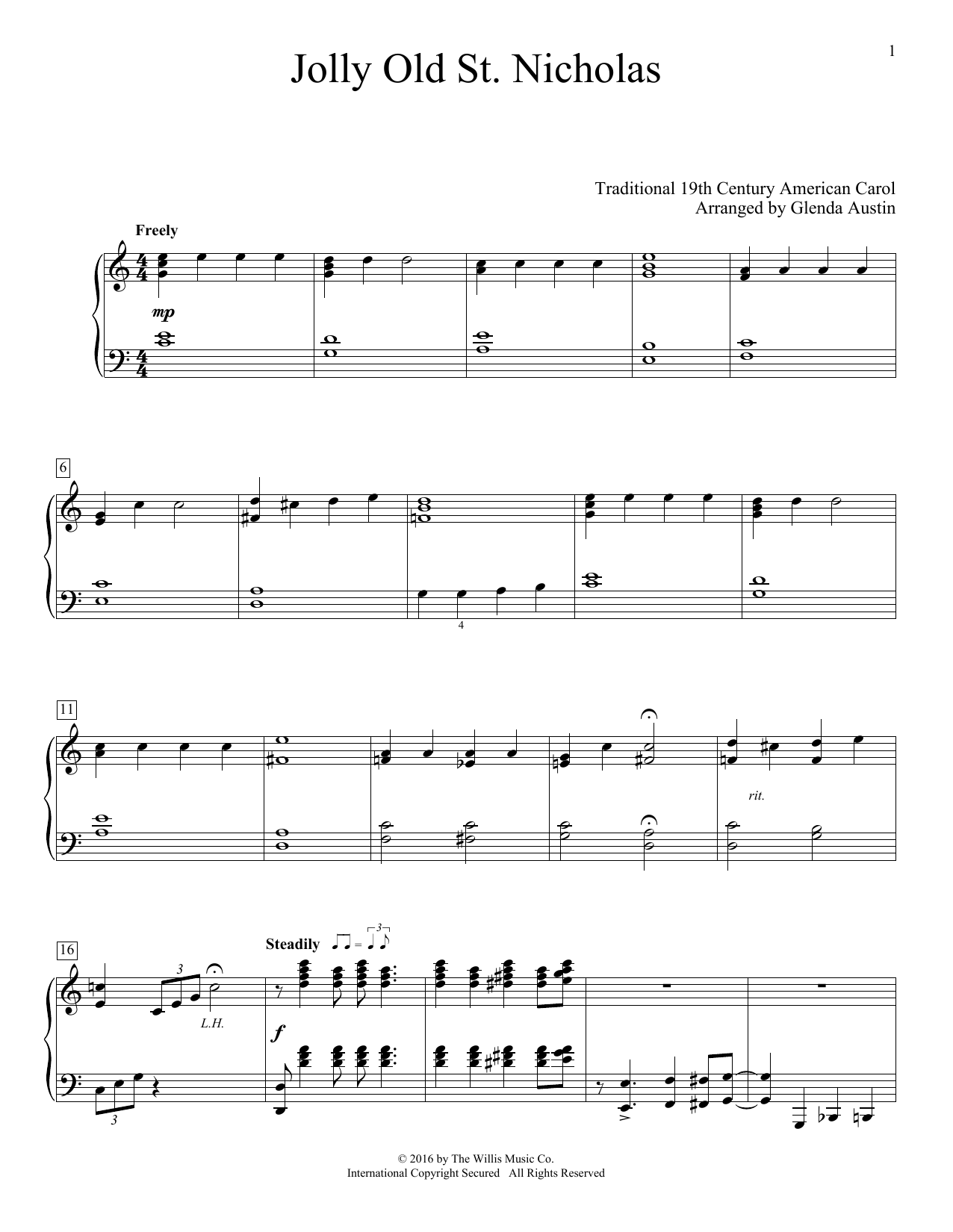 Glenda Austin Jolly Old St. Nicholas sheet music notes and chords arranged for Educational Piano