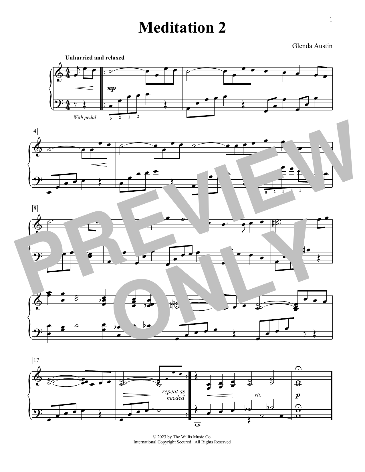Glenda Austin Meditation 2 sheet music notes and chords arranged for Educational Piano