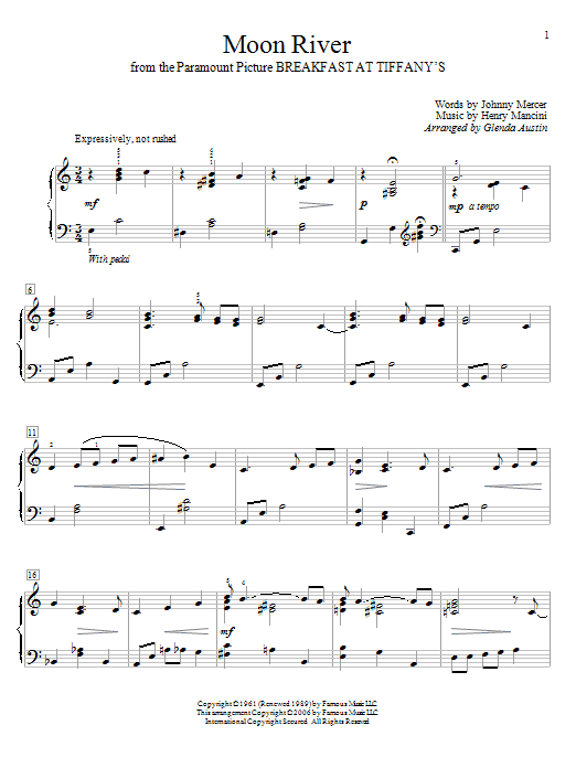 Glenda Austin Moon River sheet music notes and chords arranged for Educational Piano