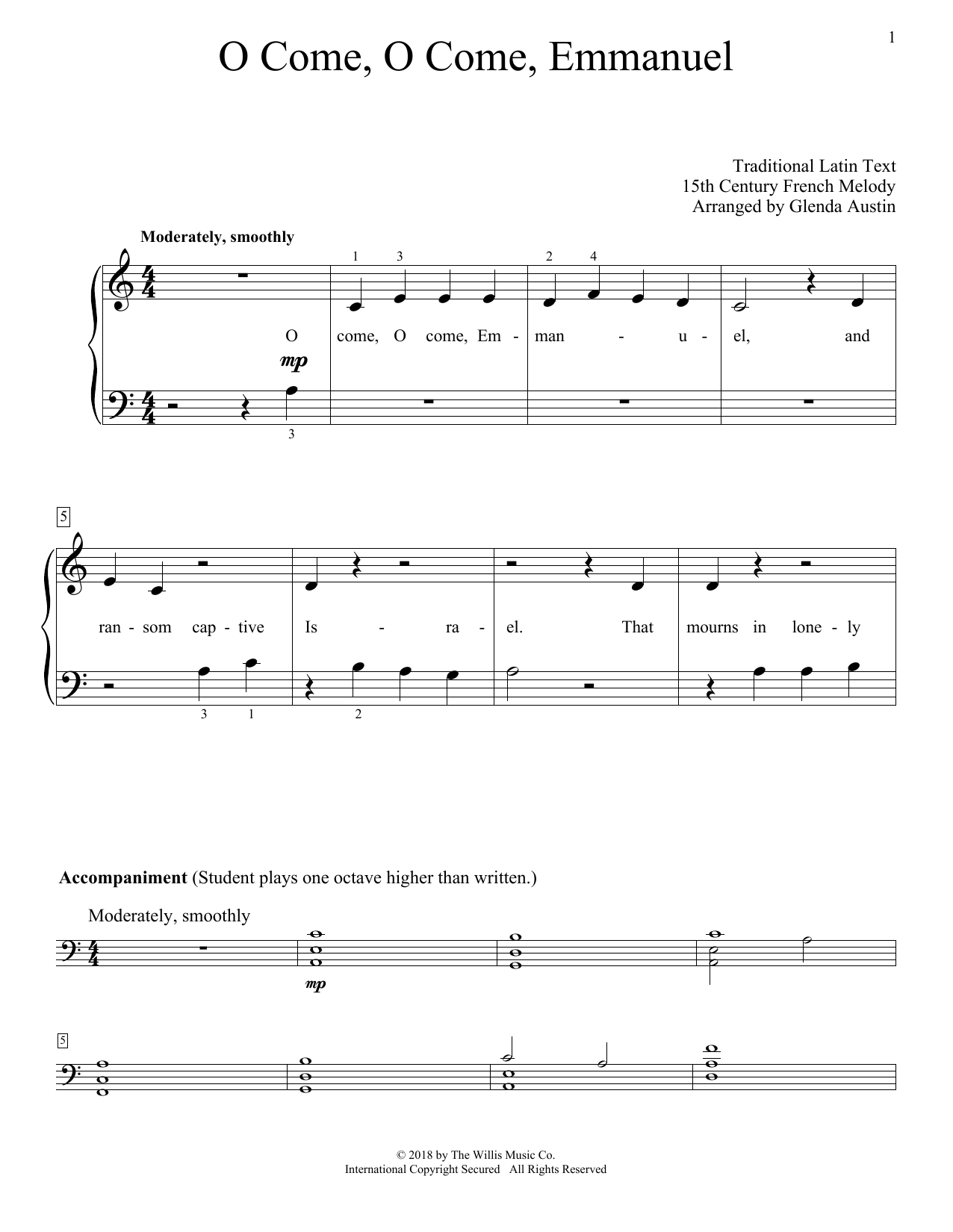 Glenda Austin O Come, O Come, Emmanuel sheet music notes and chords arranged for Educational Piano