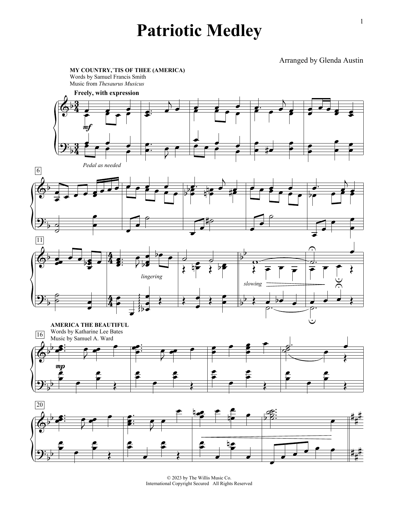 Glenda Austin Patriotic Medley sheet music notes and chords arranged for Educational Piano