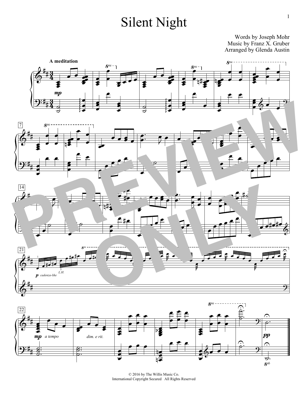 Glenda Austin Silent Night sheet music notes and chords arranged for Educational Piano