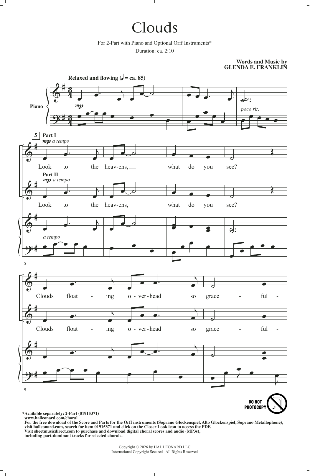 Glenda E. Franklin Clouds sheet music notes and chords arranged for 2-Part Choir