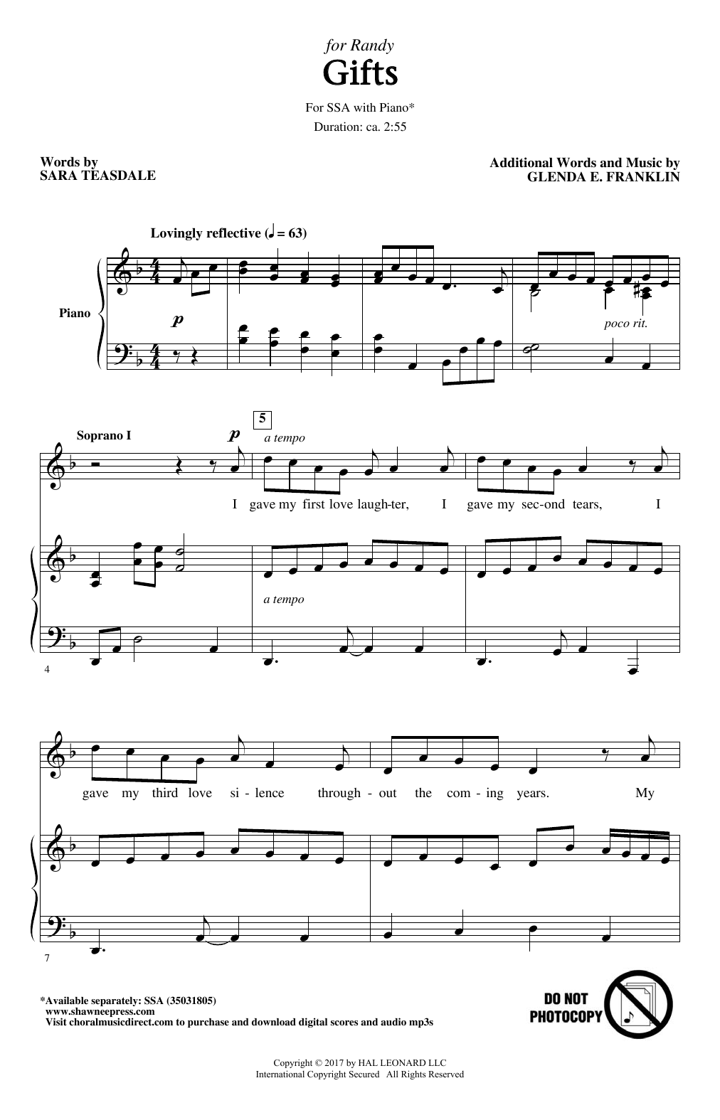 Glenda E. Franklin Gifts sheet music notes and chords arranged for SSA Choir