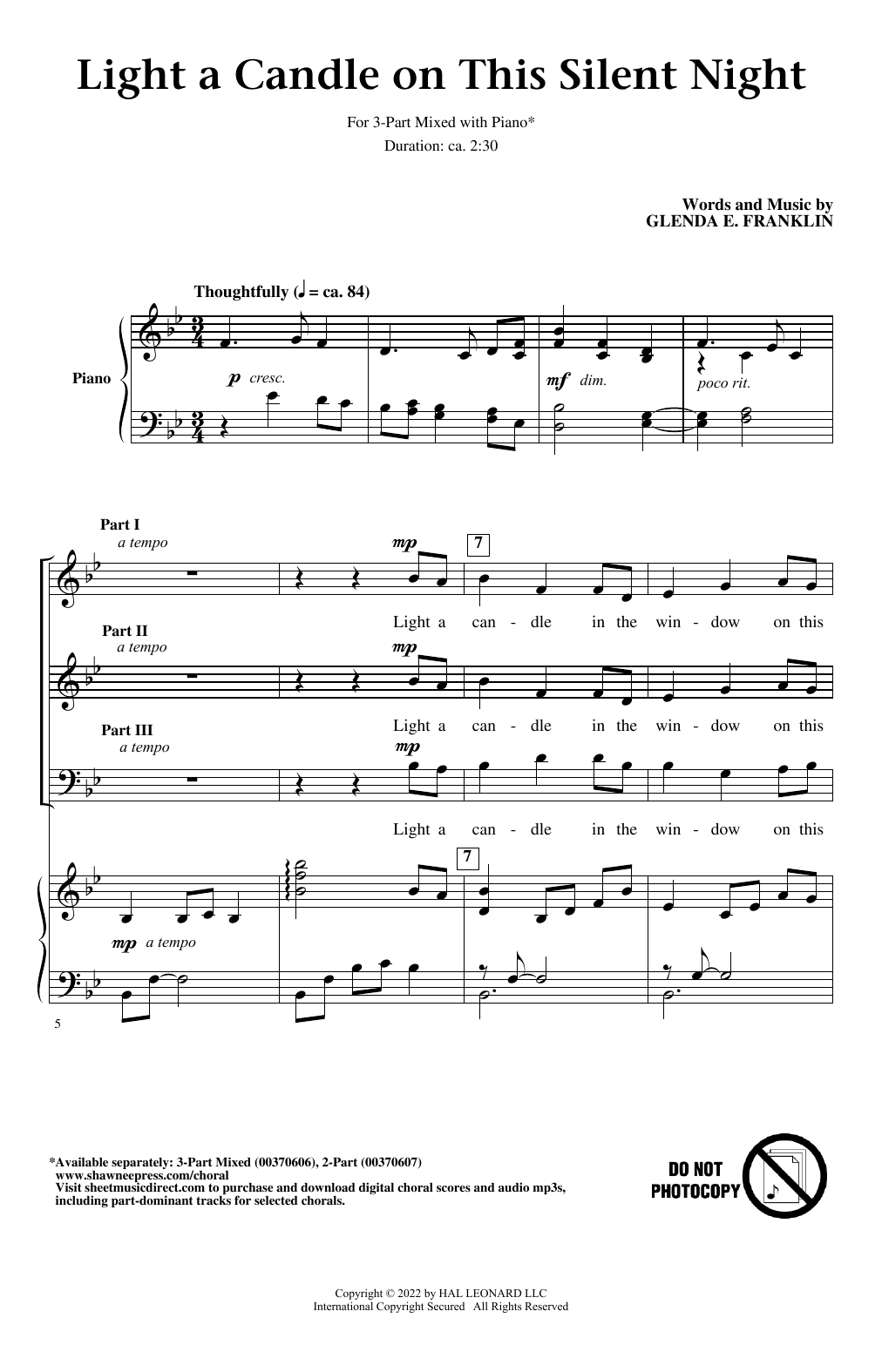 Glenda E. Franklin Light A Candle On This Silent Night sheet music notes and chords arranged for 3-Part Mixed Choir