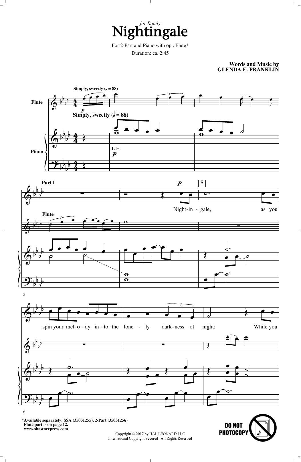 Glenda E. Franklin Nightingale sheet music notes and chords arranged for SSA Choir