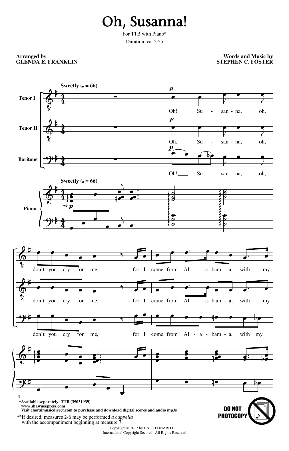 Glenda E. Franklin Oh, Susanna! sheet music notes and chords arranged for TTBB Choir