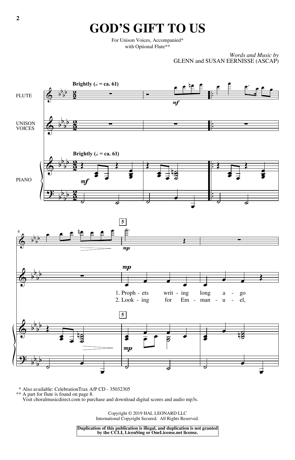 Glenn & Susan Eernisse God's Gift To Us sheet music notes and chords arranged for Unison Choir