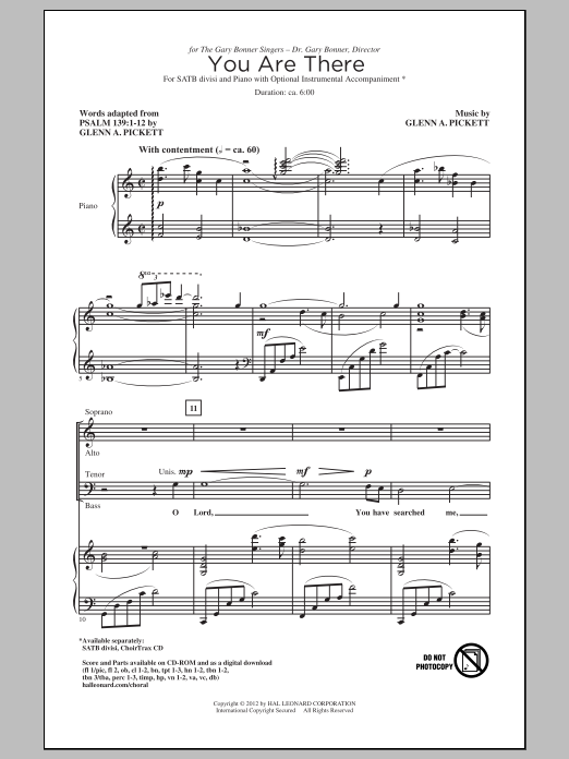 Glenn A. Pickett You Are There sheet music notes and chords arranged for SATB Choir