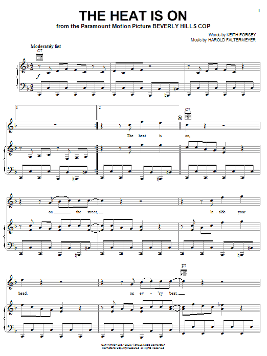 Glenn Frey The Heat Is On sheet music notes and chords arranged for Alto Sax Solo