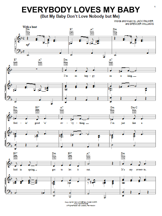 Glenn Miller Everybody Loves My Baby (But My Baby Don't Love Nobody But Me) sheet music notes and chords arranged for Piano, Vocal & Guitar Chords (Right-Hand Melody)