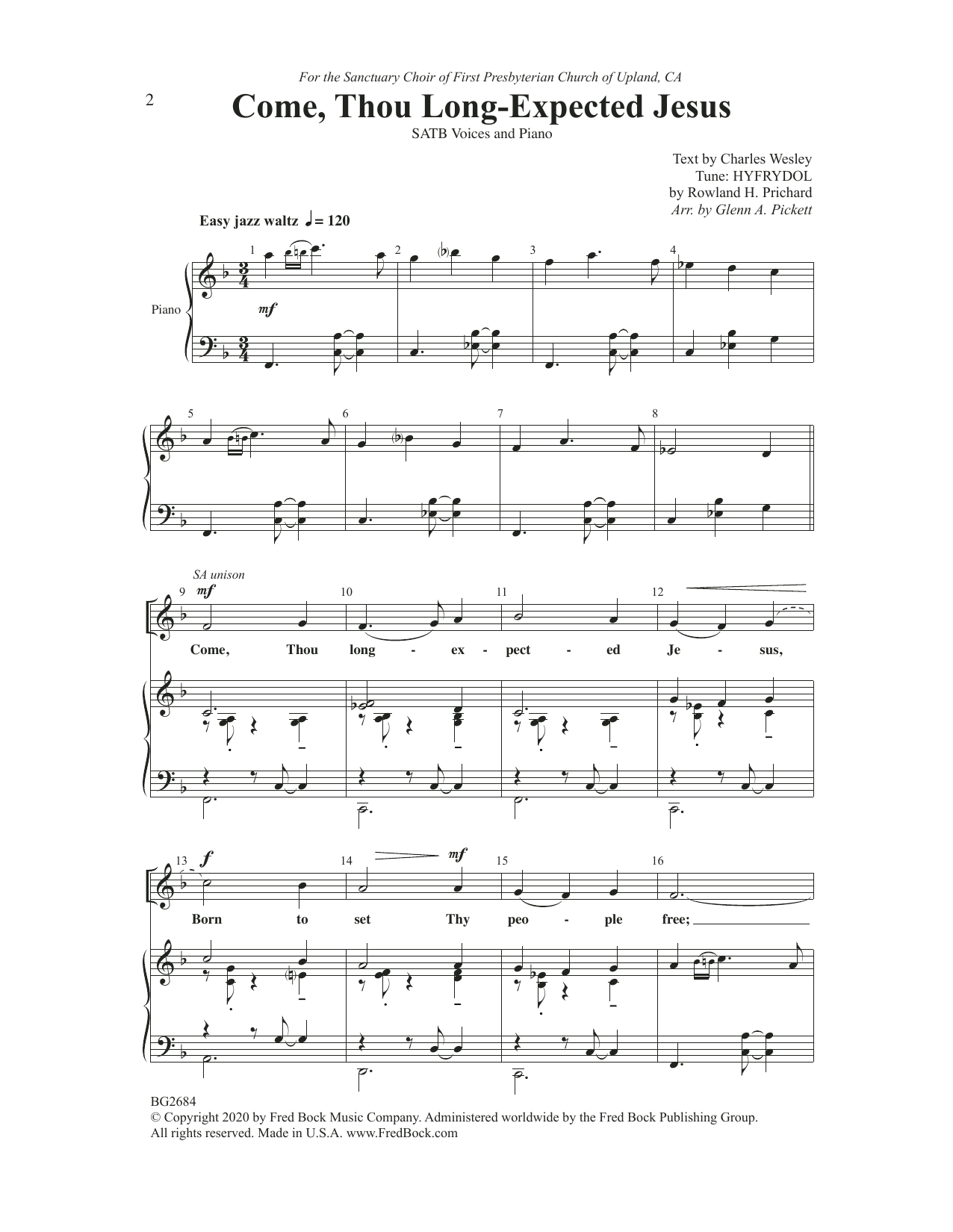 Glenn Pickett Come, Thou Long-Expected Jesus sheet music notes and chords arranged for SATB Choir