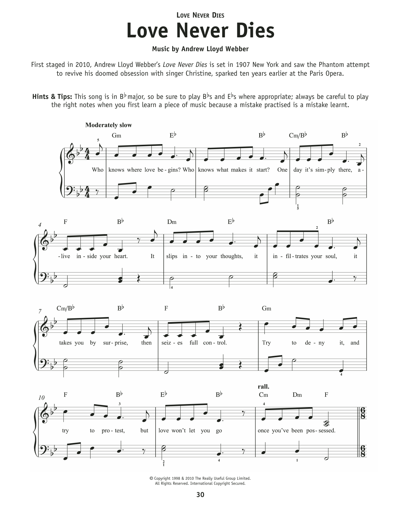 Glenn Slater Love Never Dies sheet music notes and chords arranged for Really Easy Piano