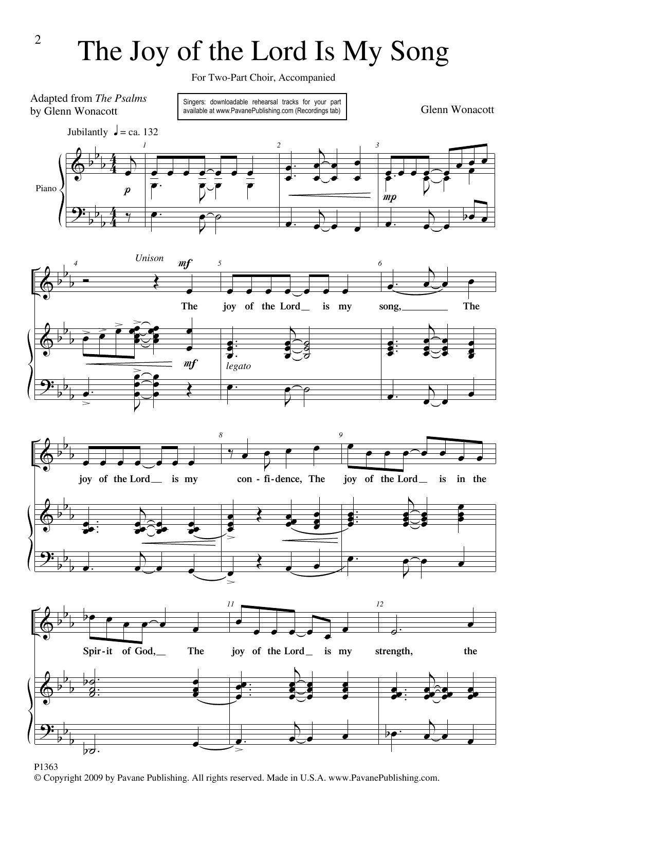 Glenn Wonacott The Joy Of The Lord Is My Song sheet music notes and chords arranged for 2-Part Choir