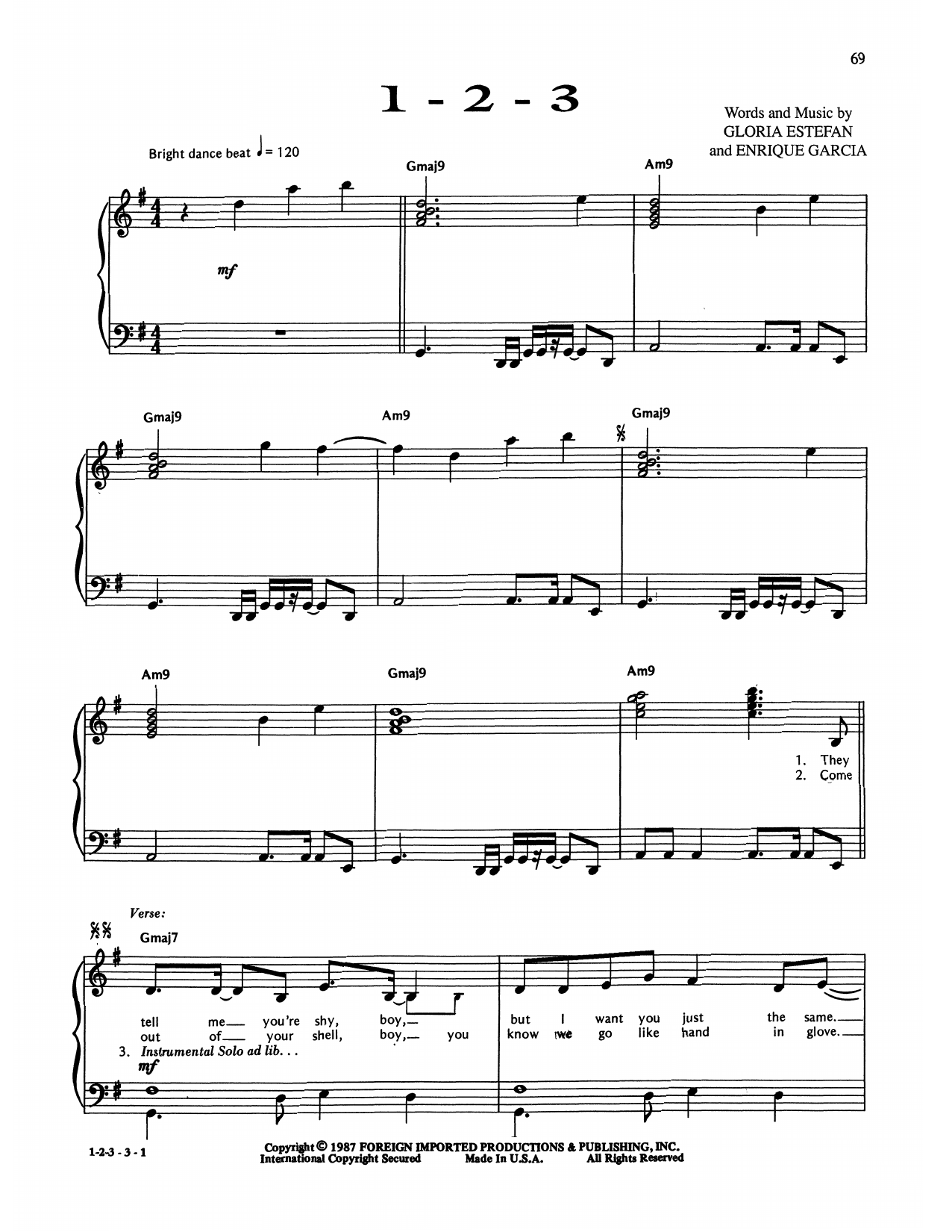 Gloria Estefan & Miami Sound Machine 1-2-3 sheet music notes and chords arranged for Piano, Vocal & Guitar Chords (Right-Hand Melody)