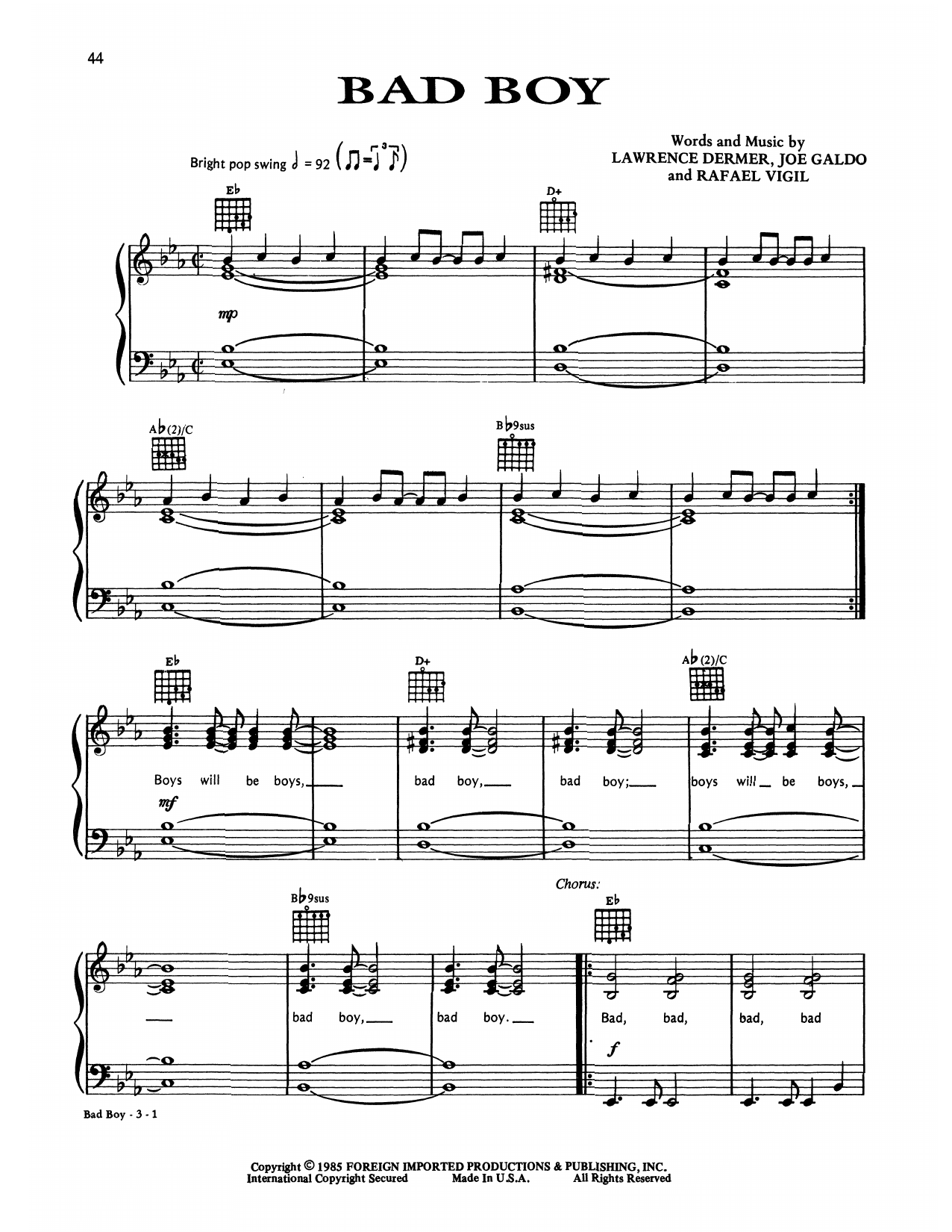Gloria Estefan & Miami Sound Machine Bad Boy sheet music notes and chords arranged for Piano, Vocal & Guitar Chords (Right-Hand Melody)