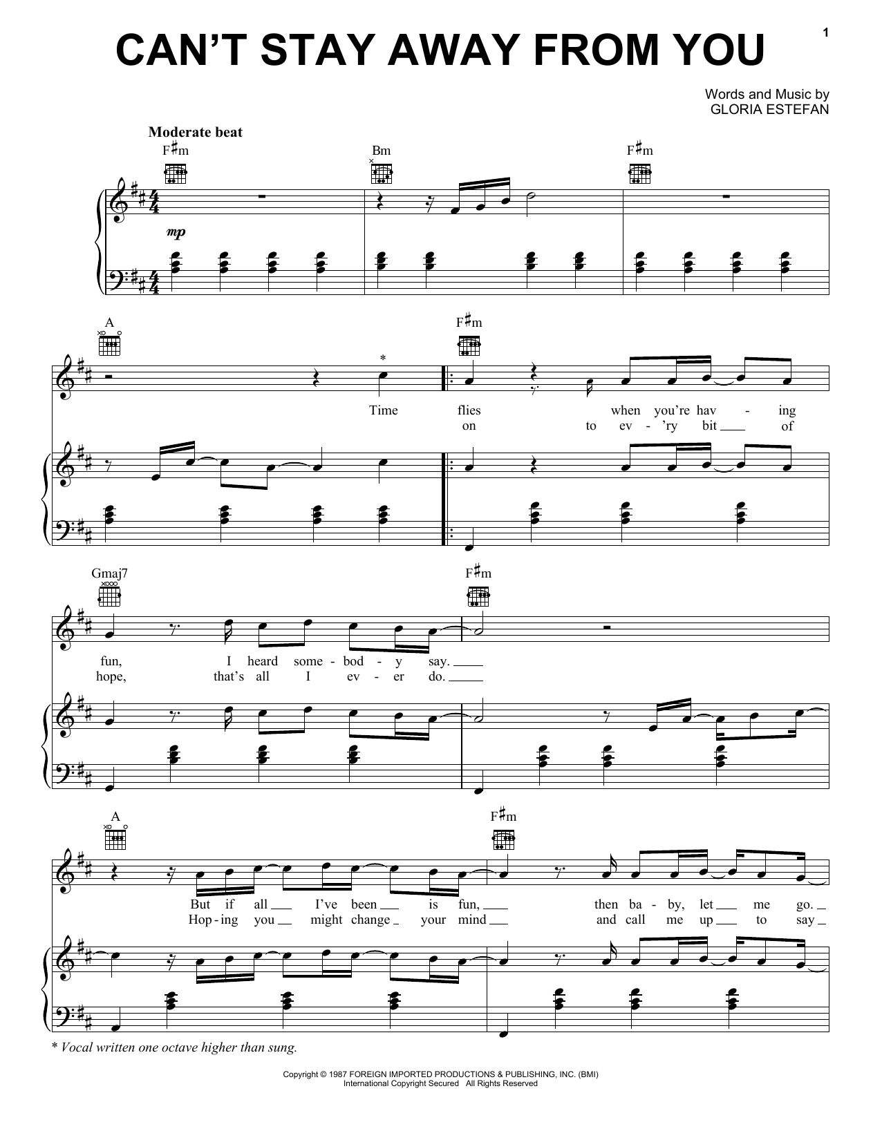 Gloria Estefan & Miami Sound Machine Can't Stay Away From You sheet music notes and chords arranged for Piano, Vocal & Guitar Chords (Right-Hand Melody)