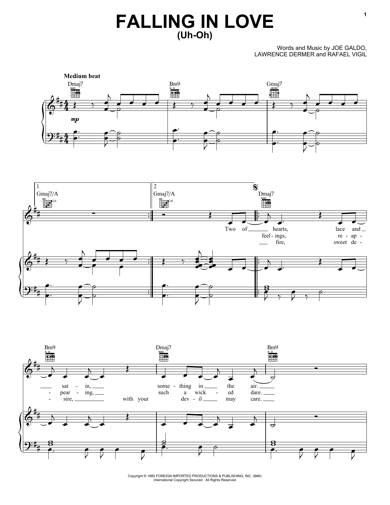 Gloria Estefan & Miami Sound Machine Falling In Love (Uh-Oh) sheet music notes and chords arranged for Piano, Vocal & Guitar Chords (Right-Hand Melody)