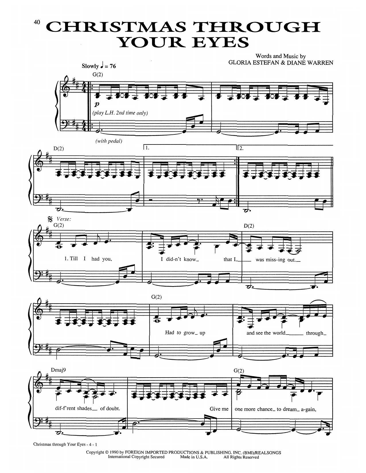 Gloria Estefan Christmas Through Your Eyes sheet music notes and chords arranged for Piano, Vocal & Guitar Chords (Right-Hand Melody)