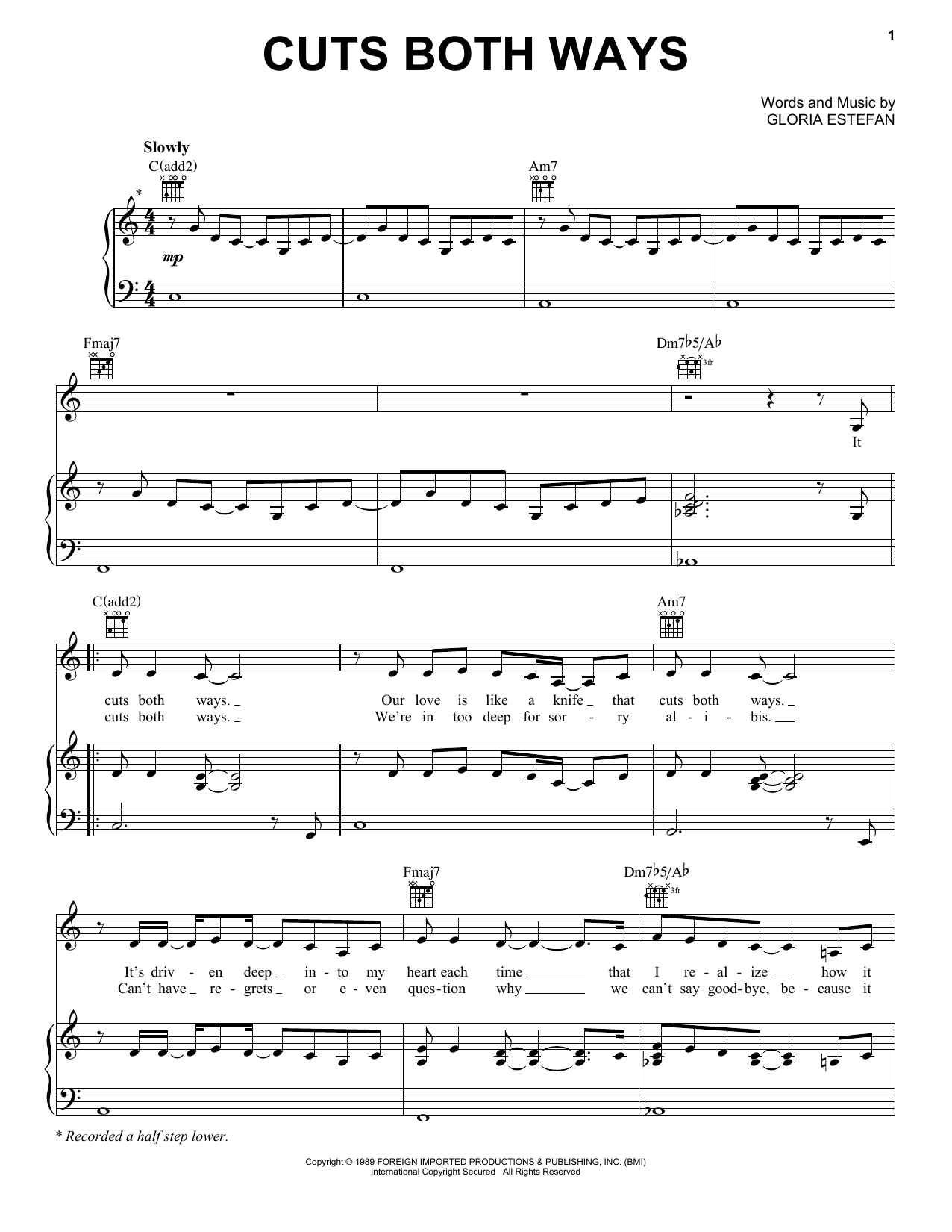 Gloria Estefan Cuts Both Ways sheet music notes and chords arranged for Piano, Vocal & Guitar Chords (Right-Hand Melody)