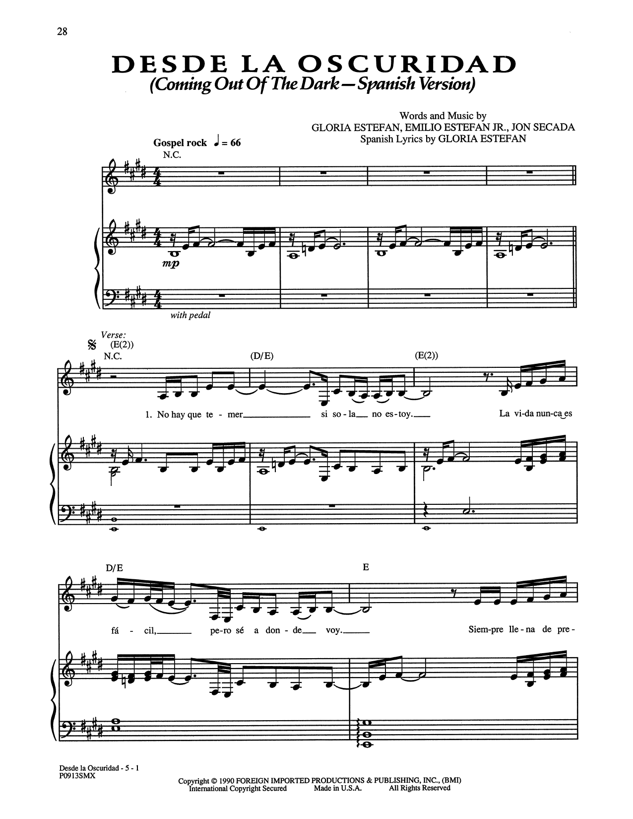 Gloria Estefan Desde La Oscuridad - (Coming Out of the Dark) [Spanish Version] sheet music notes and chords arranged for Piano, Vocal & Guitar Chords (Right-Hand Melody)