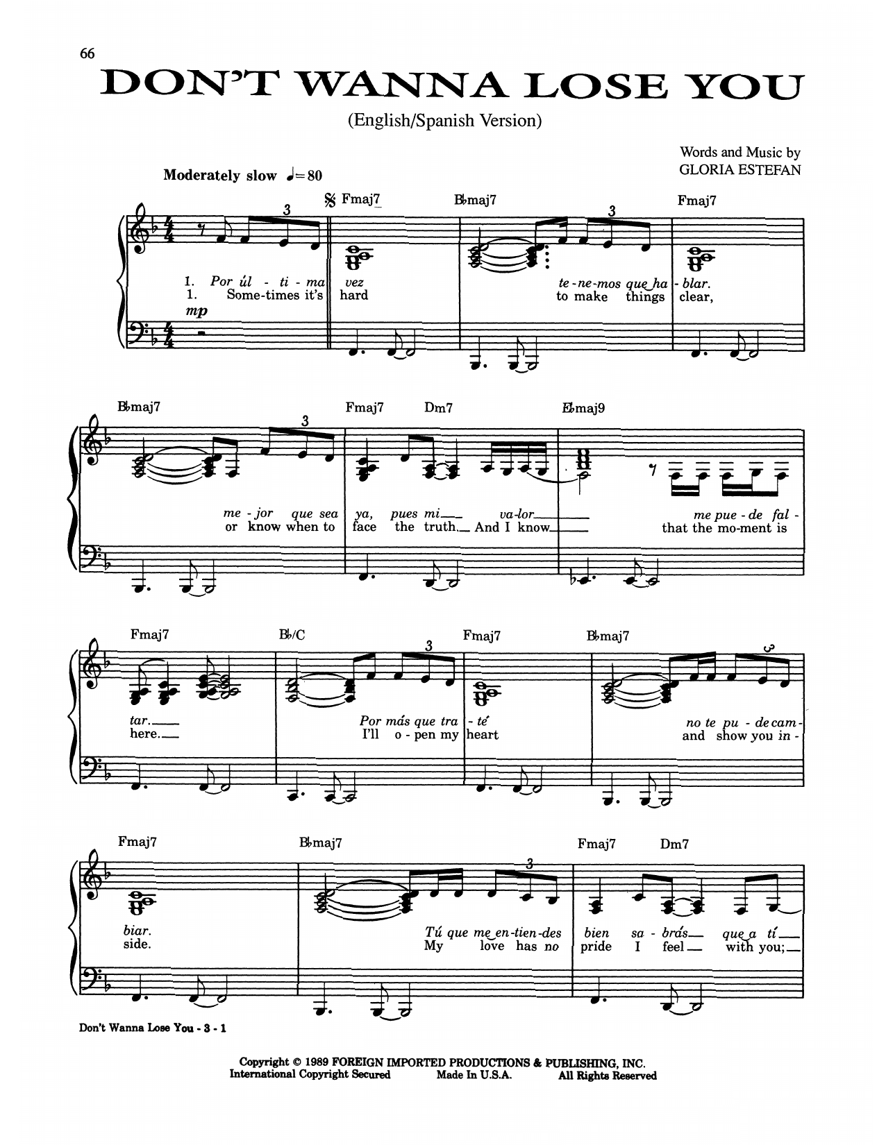 Gloria Estefan Don't Wanna Lose You sheet music notes and chords arranged for Piano, Vocal & Guitar Chords (Right-Hand Melody)