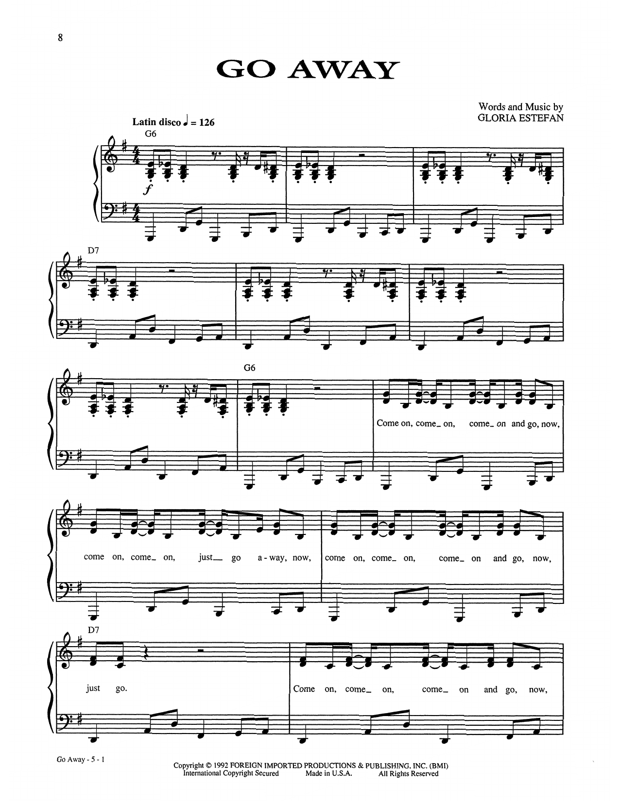Gloria Estefan Go Away sheet music notes and chords arranged for Piano, Vocal & Guitar Chords (Right-Hand Melody)