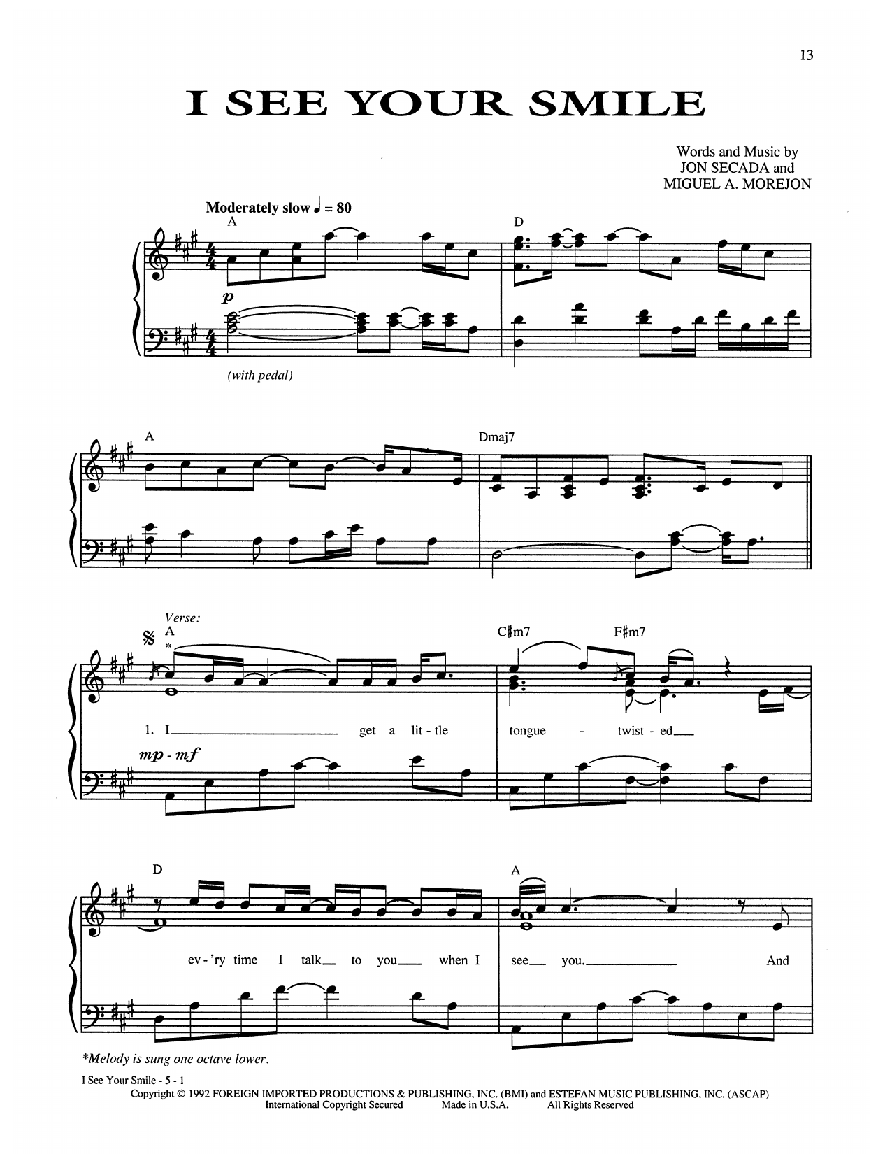 Gloria Estefan I See Your Smile sheet music notes and chords arranged for Piano, Vocal & Guitar Chords (Right-Hand Melody)
