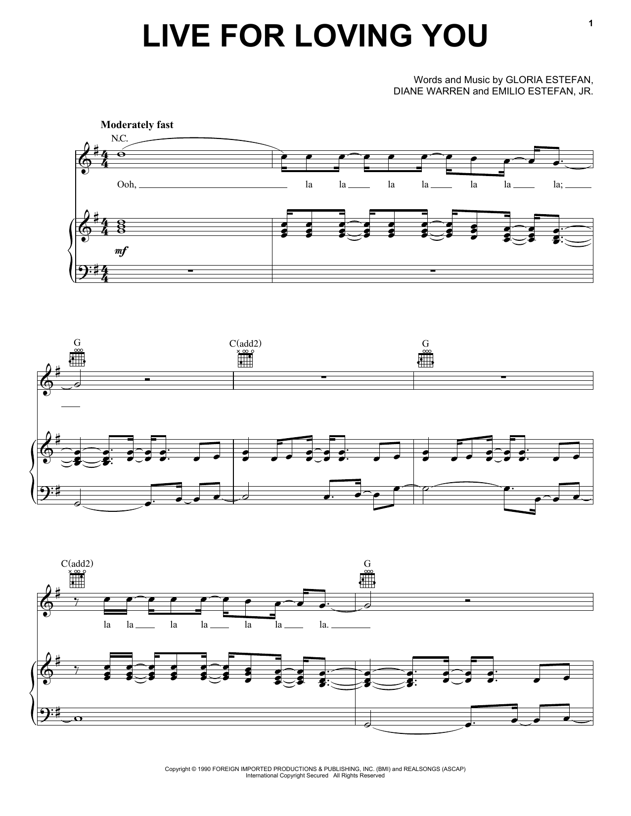Gloria Estefan Live For Loving You sheet music notes and chords arranged for Piano, Vocal & Guitar Chords (Right-Hand Melody)