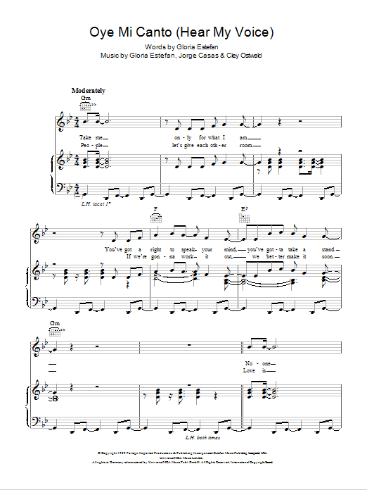 Gloria Estefan Oye Mi Canto (Hear My Voice) sheet music notes and chords arranged for Piano, Vocal & Guitar Chords