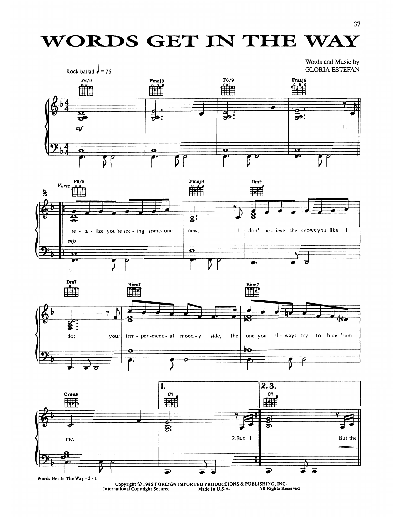 Gloria Estefan Words Get In The Way sheet music notes and chords arranged for Piano, Vocal & Guitar Chords (Right-Hand Melody)