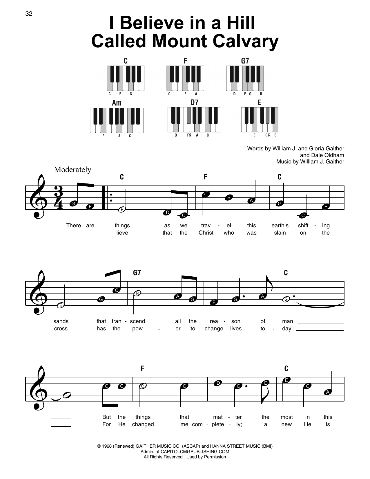 Gloria Gaither I Believe In A Hill Called Mount Calvary sheet music notes and chords arranged for Super Easy Piano