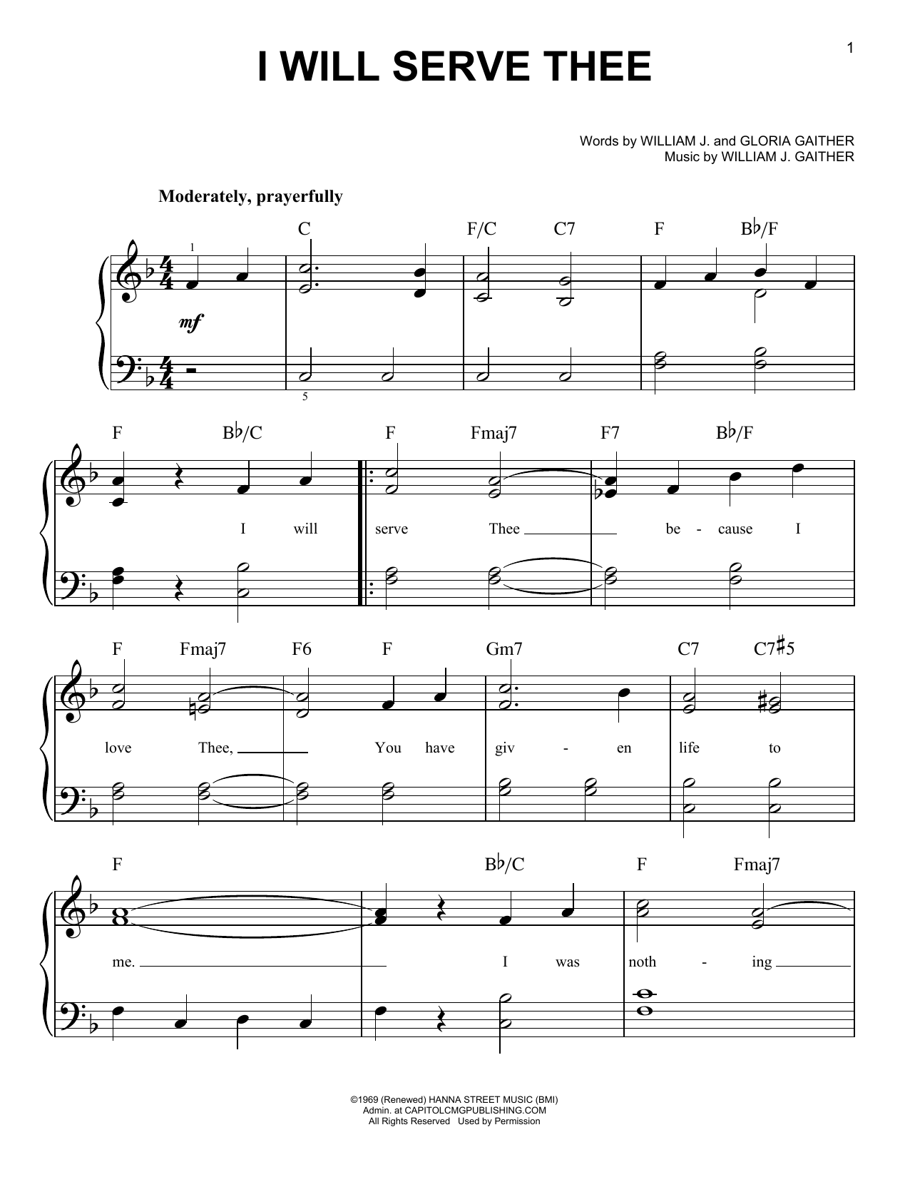 Gloria Gaither I Will Serve Thee sheet music notes and chords arranged for Easy Piano