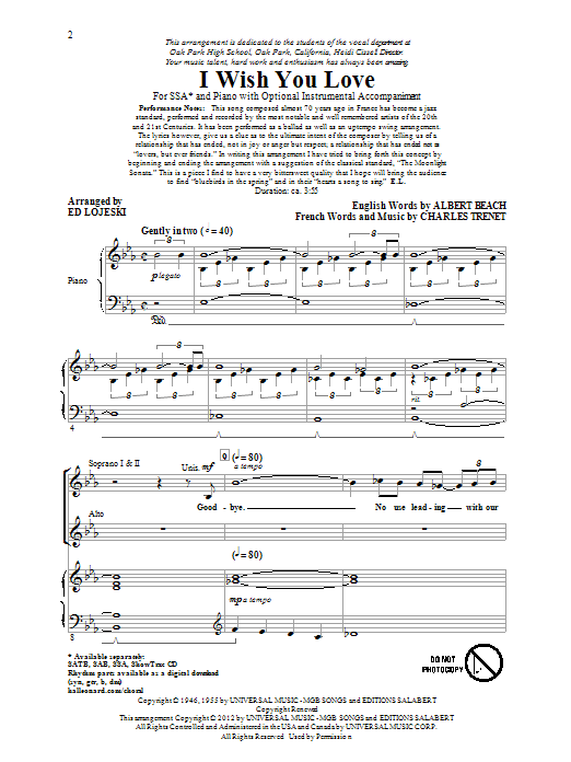 Gloria Lynne I Wish You Love (arr. Ed Lojeski) sheet music notes and chords arranged for SATB Choir