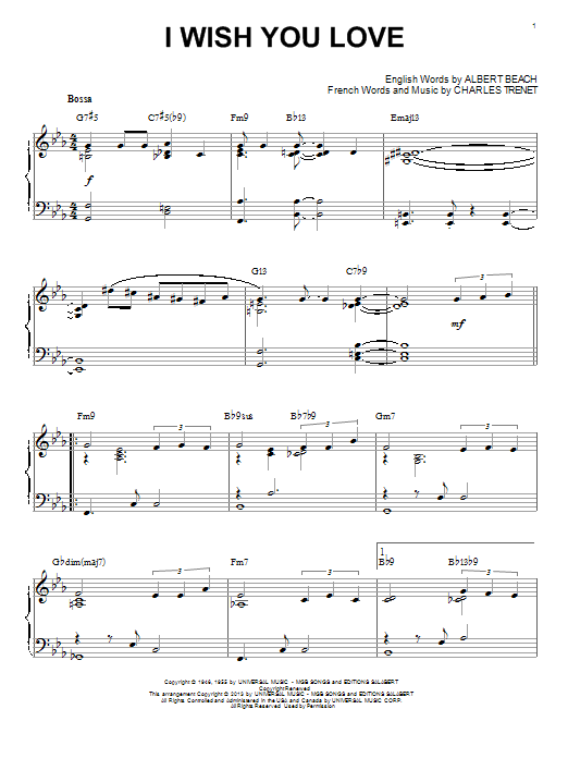 Gloria Lynne I Wish You Love [Jazz version] (arr. Brent Edstrom) sheet music notes and chords arranged for Piano Solo