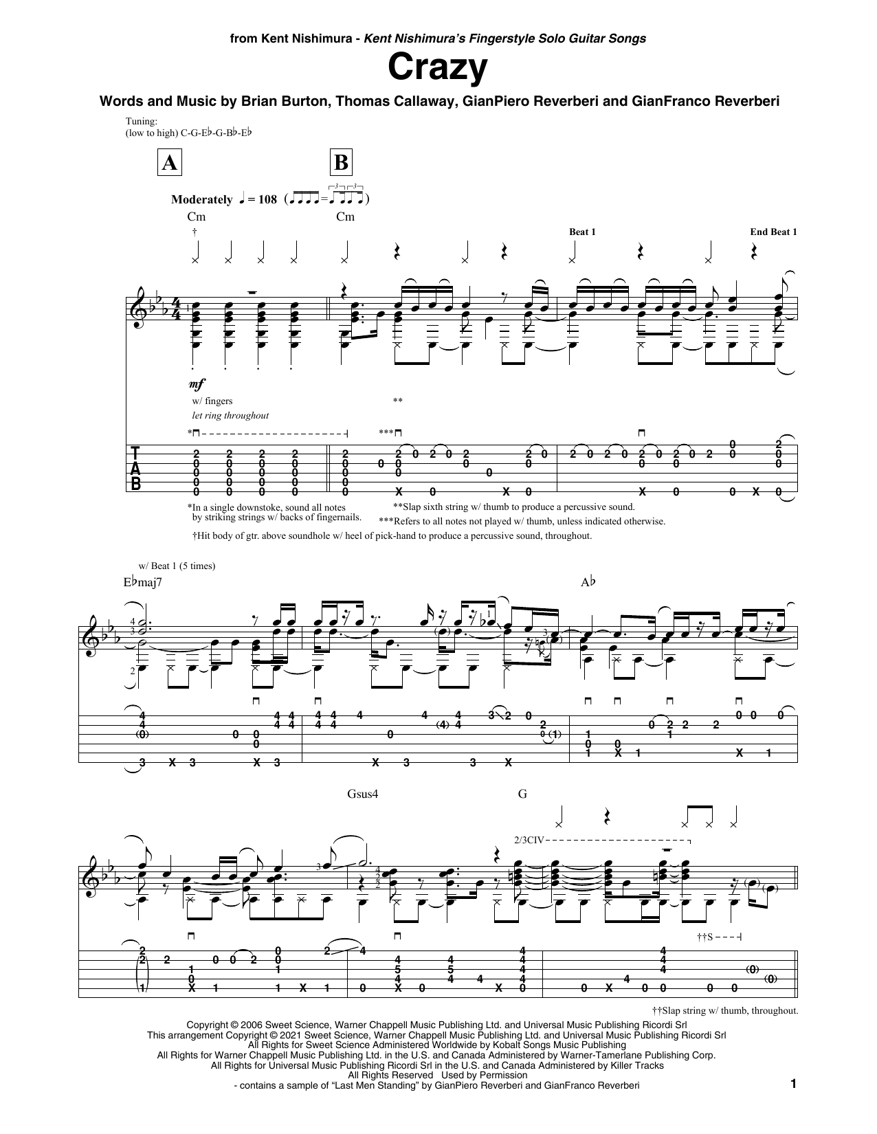 Gnarls Barkley Crazy (arr. Kent Nishimura) sheet music notes and chords arranged for Solo Guitar
