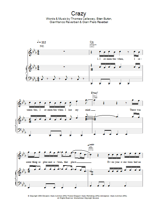 Gnarls Barkley Crazy sheet music notes and chords arranged for Piano, Vocal & Guitar Chords (Right-Hand Melody)