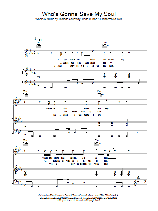 Gnarls Barkley Who's Gonna Save My Soul sheet music notes and chords arranged for Piano, Vocal & Guitar Chords
