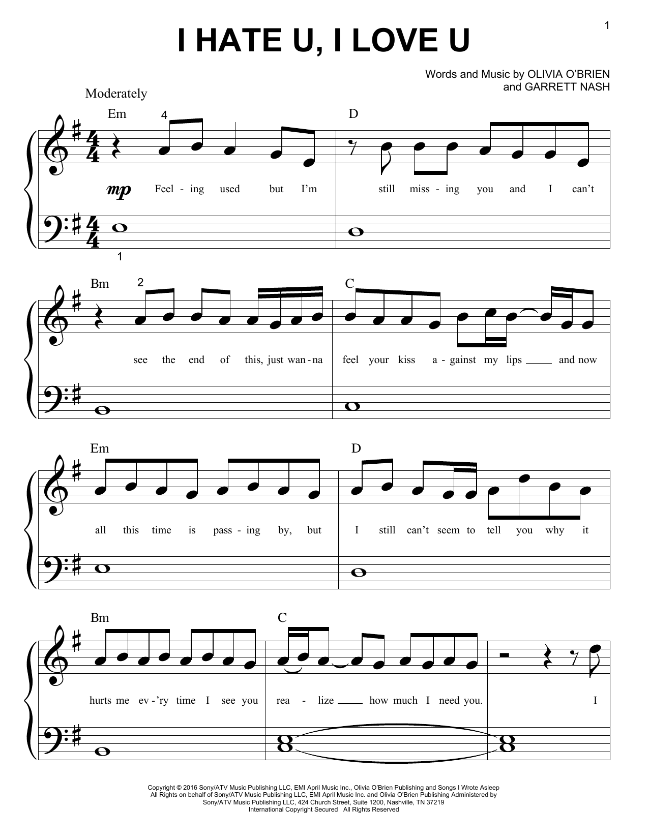 gnash I Hate U, I Love U (feat. Olivia O'Brien) sheet music notes and chords arranged for Easy Piano