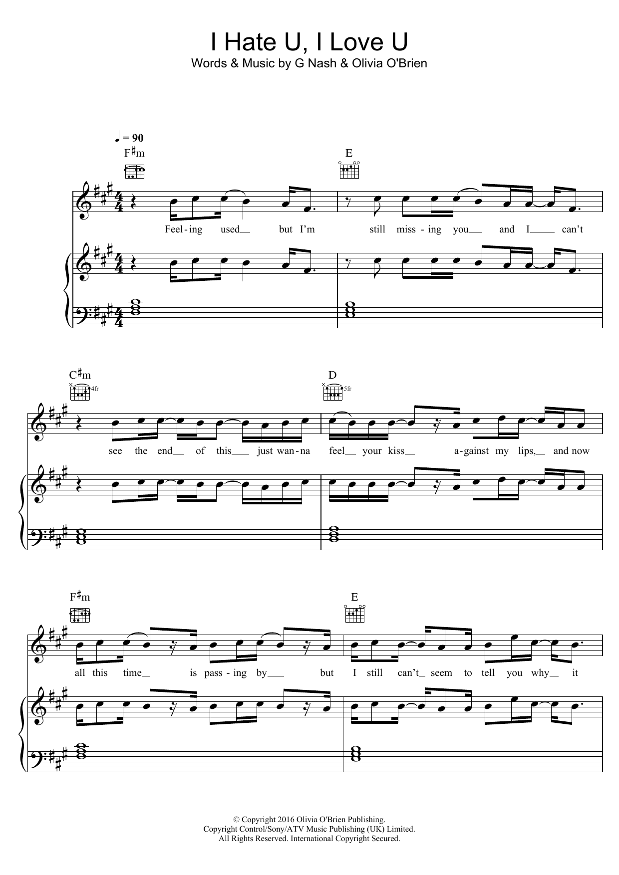 Gnash I Hate U, I Love U (featuring Olivia O'Brien) sheet music notes and chords arranged for Piano, Vocal & Guitar Chords