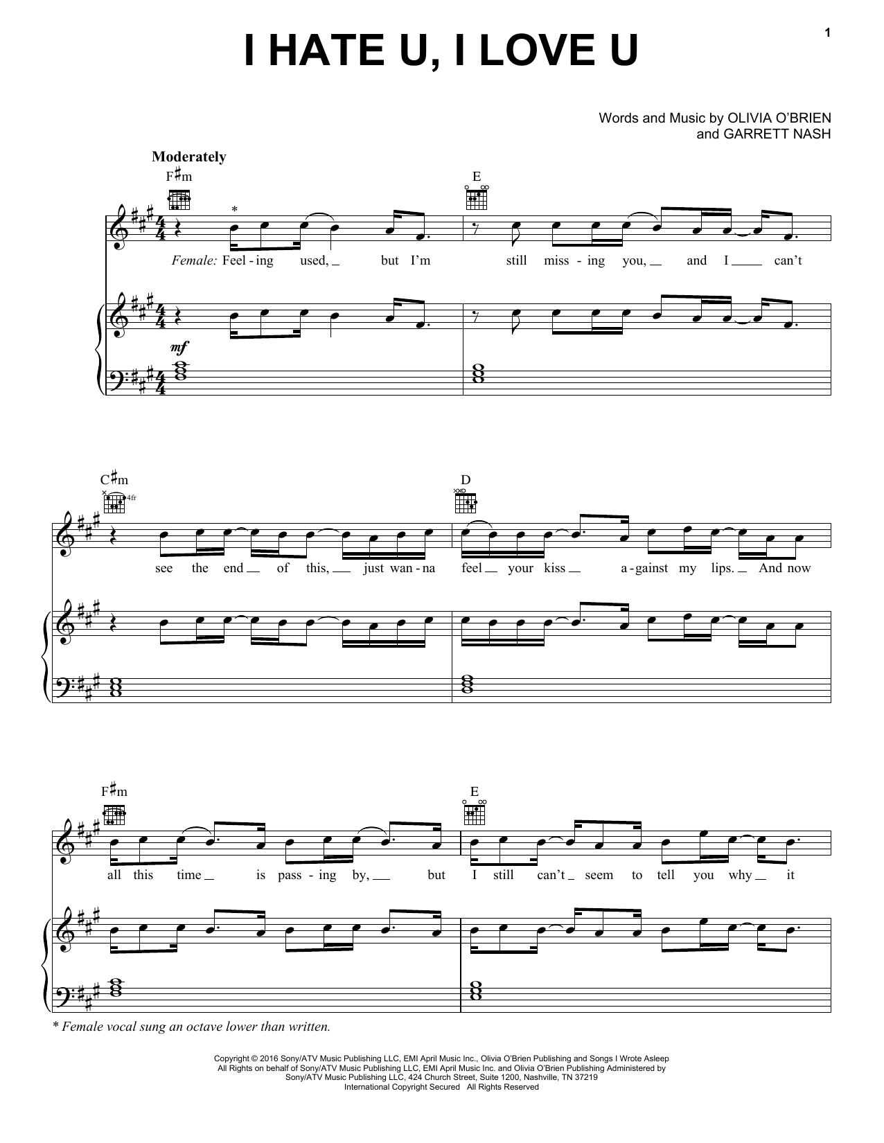 Gnash I Hate U, I Love U sheet music notes and chords arranged for Piano, Vocal & Guitar Chords (Right-Hand Melody)