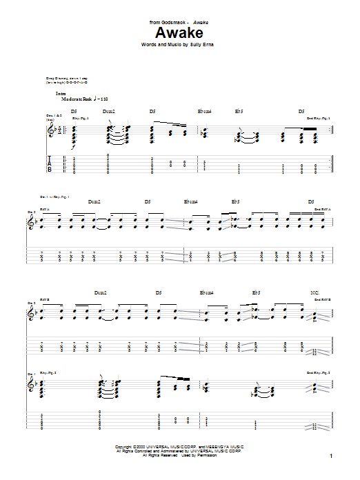 Godsmack Awake sheet music notes and chords arranged for Guitar Tab