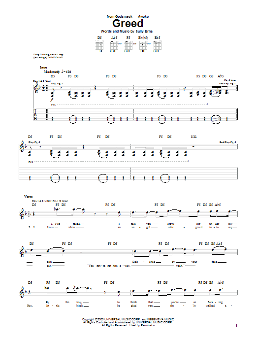 Godsmack Greed sheet music notes and chords arranged for Guitar Tab