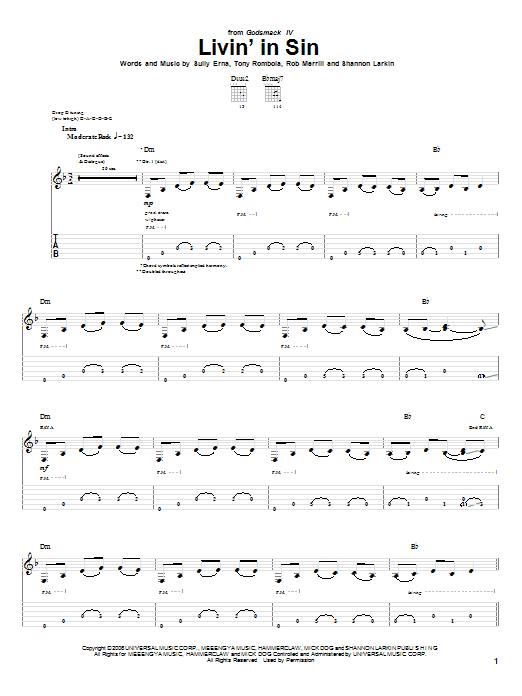 Godsmack Livin' In Sin sheet music notes and chords arranged for Guitar Tab