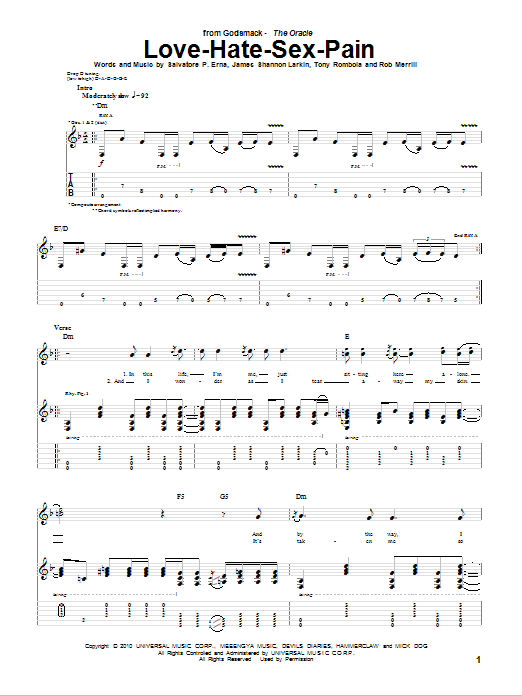 Godsmack Love-Hate-Sex-Pain sheet music notes and chords arranged for Guitar Tab