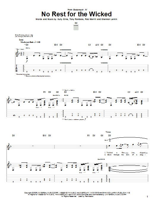 Godsmack No Rest For The Wicked sheet music notes and chords arranged for Guitar Tab