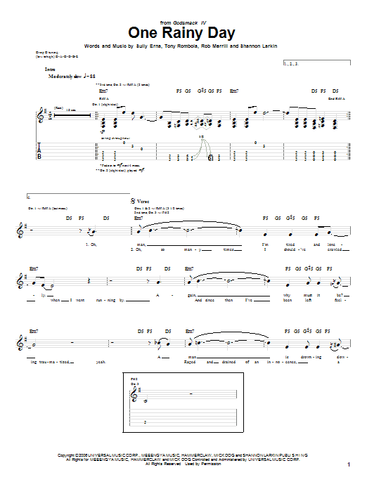 Godsmack One Rainy Day sheet music notes and chords arranged for Guitar Tab