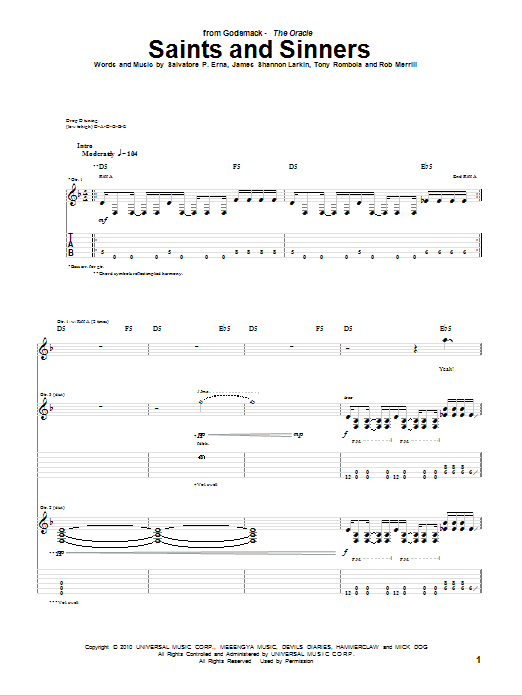 Godsmack Saints And Sinners sheet music notes and chords arranged for Guitar Tab
